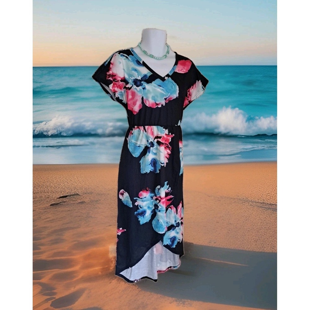 Kilig Dress XL Blue Floral Faux Wrap Dolman Sleeve Hi Lo Hem Beachy Artsy‎ NWT